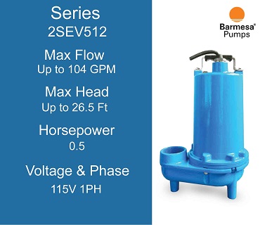  Barmesa Sewage Pumps, 2SEV512 Series, 0.5 Horsepower, 115 Volts 1 Phase